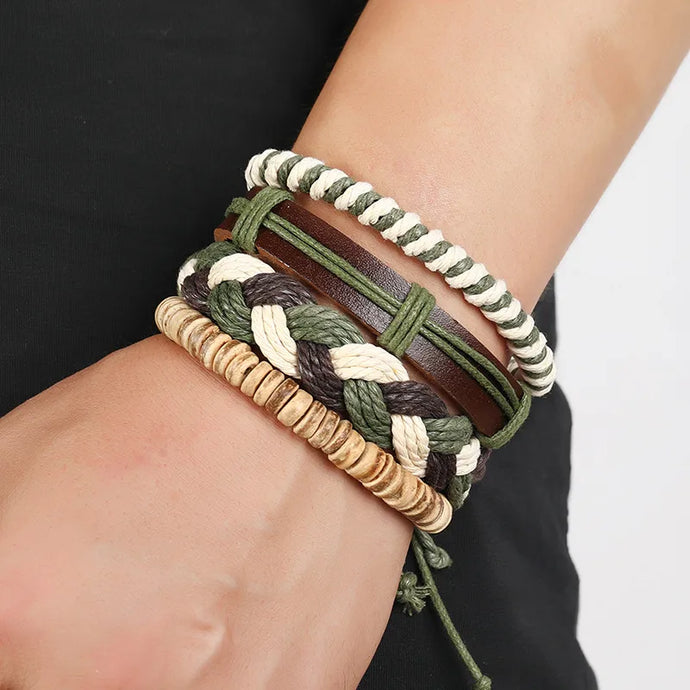 NIHBC32 - 4 Piece Beads, Rope & PU Leather Bracelet Set