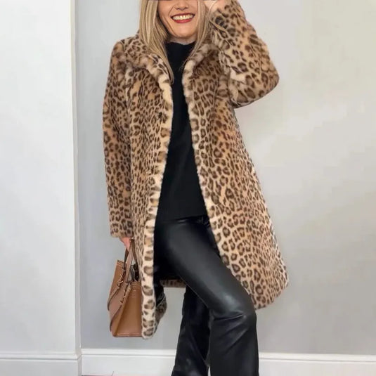 NIHTS91 - Women's Long Fluffy Leopard Print Jacket