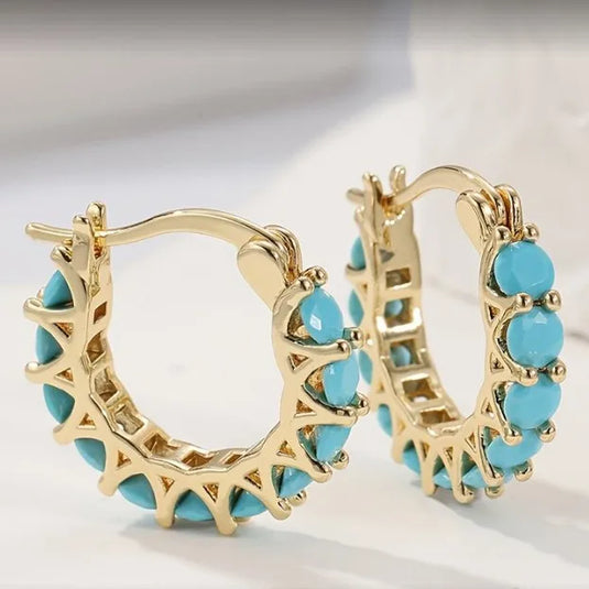 NIHER138 - Geometric Hollow Out Rose Gold Earrings W/ Turquoise Stones
