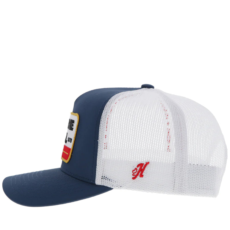 Load image into Gallery viewer, 2385T-NVWH - HOOEY  "GRUENE HALL" HAT NAVY/WHITE W/RED/ NAVY &amp; YELLOW PATCH
