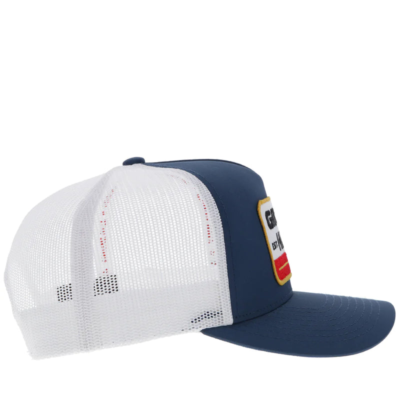 Load image into Gallery viewer, 2385T-NVWH - HOOEY  "GRUENE HALL" HAT NAVY/WHITE W/RED/ NAVY &amp; YELLOW PATCH
