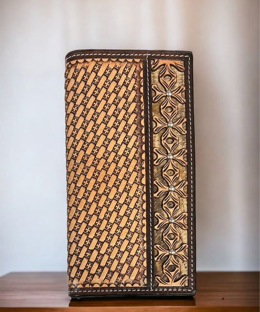H818R - Ranger Belt Co. Basketweave Tooled Leather Rodeo Wallet