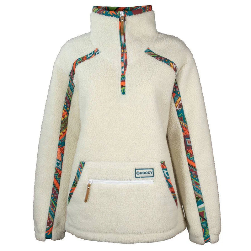 Load image into Gallery viewer, HFP005CR - HOOEY  &quot;LADIES SHERPA PULLOVER&quot; CREAM W/MULTI COLOR AZTEC PATTERN ACCENTS
