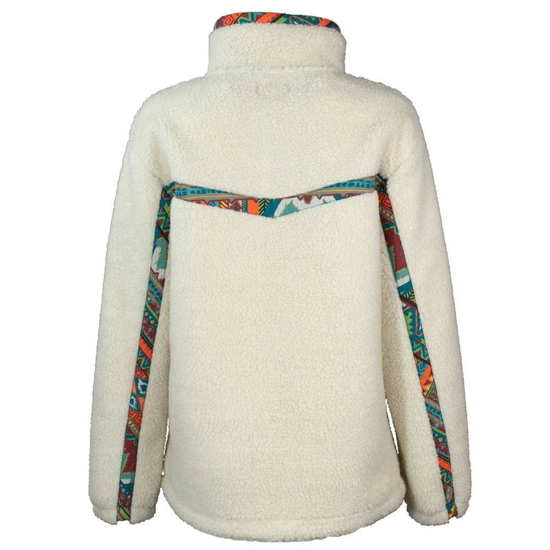 Load image into Gallery viewer, HFP005CR - HOOEY  &quot;LADIES SHERPA PULLOVER&quot; CREAM W/MULTI COLOR AZTEC PATTERN ACCENTS
