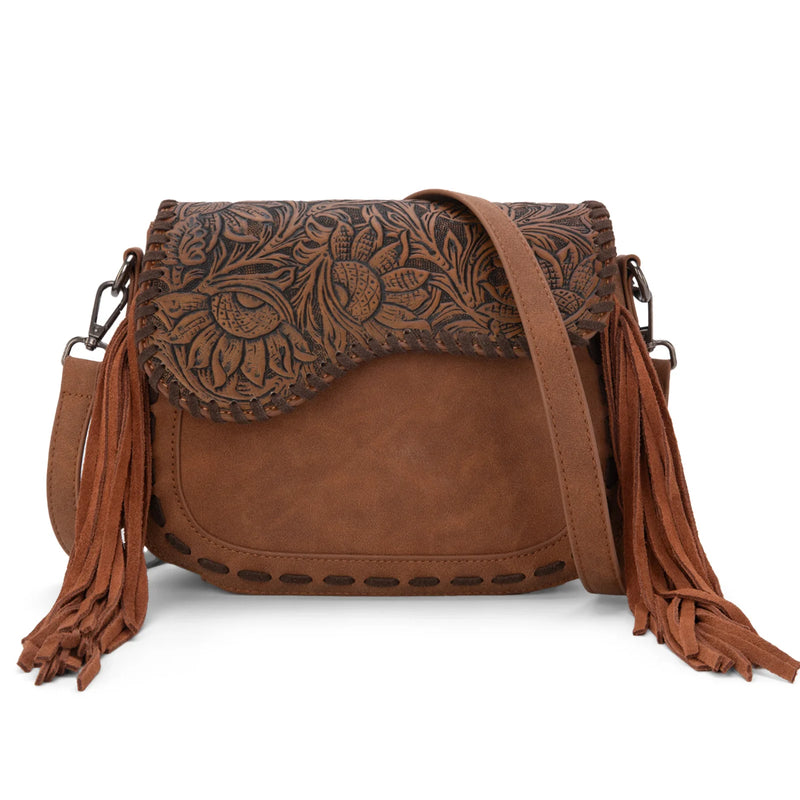 Load image into Gallery viewer, MW1274-8360BR - Montana West Tooled Saddle Fringe Crossbody - Brown
