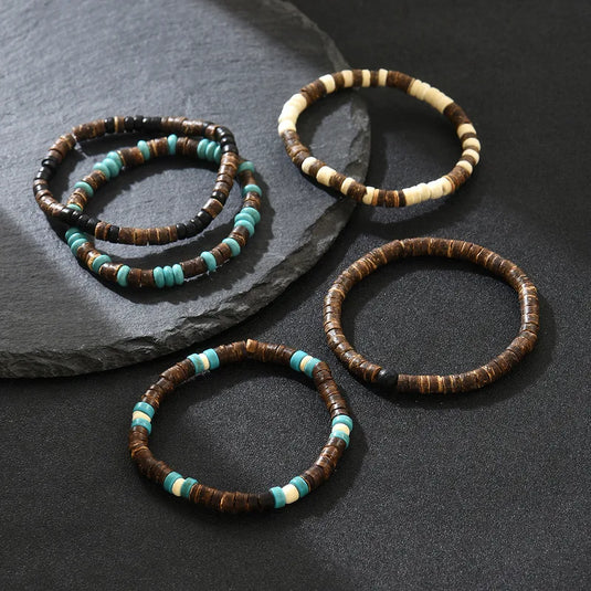 NIHBC29 - 5 Piece Wooden Beaded Turquoise Bracelet