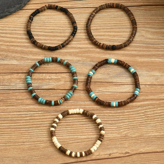 NIHBC29 - 5 Piece Wooden Beaded Turquoise Bracelet