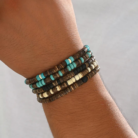 NIHBC29 - 5 Piece Wooden Beaded Turquoise Bracelet
