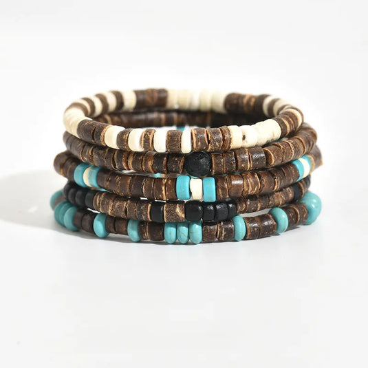 NIHBC29 - 5 Piece Wooden Beaded Turquoise Bracelet