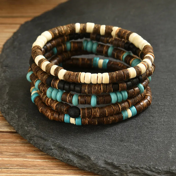 NIHBC29 - 5 Piece Wooden Beaded Turquoise Bracelet