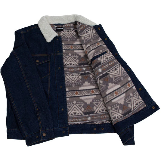 HJ114DE - "Hooey Denim Jacket" w/Cream Sherpa & Brown/ Tan Aztec Fleece Lining