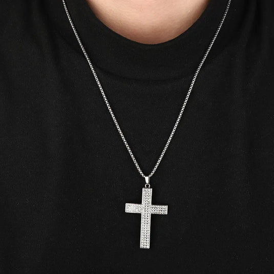 NIHNK4 - Titanium Steel Plating Rhinestone Inlay Cross Necklace
