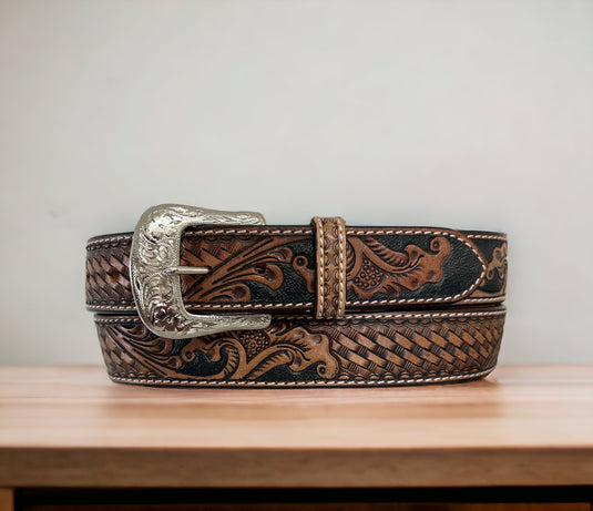 IFB-100PA - Ranger Belt Co. Floral/Basketweave Tooled Leather Belt