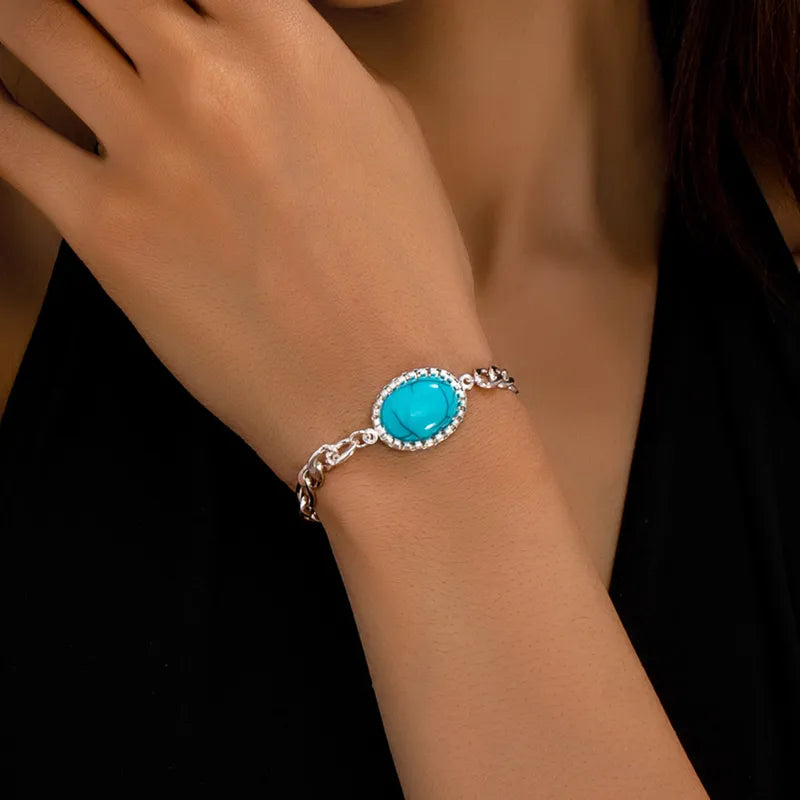 Load image into Gallery viewer, NIHBC14 - Oval Turquoise Cuban Link Chain Bracelet
