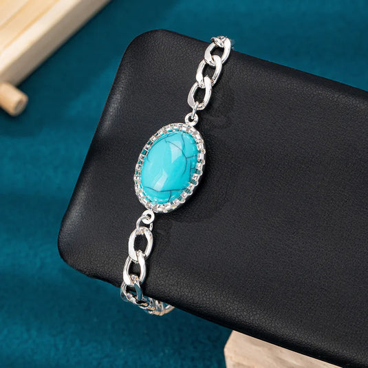 NIHBC14 - Oval Turquoise Cuban Link Chain Bracelet