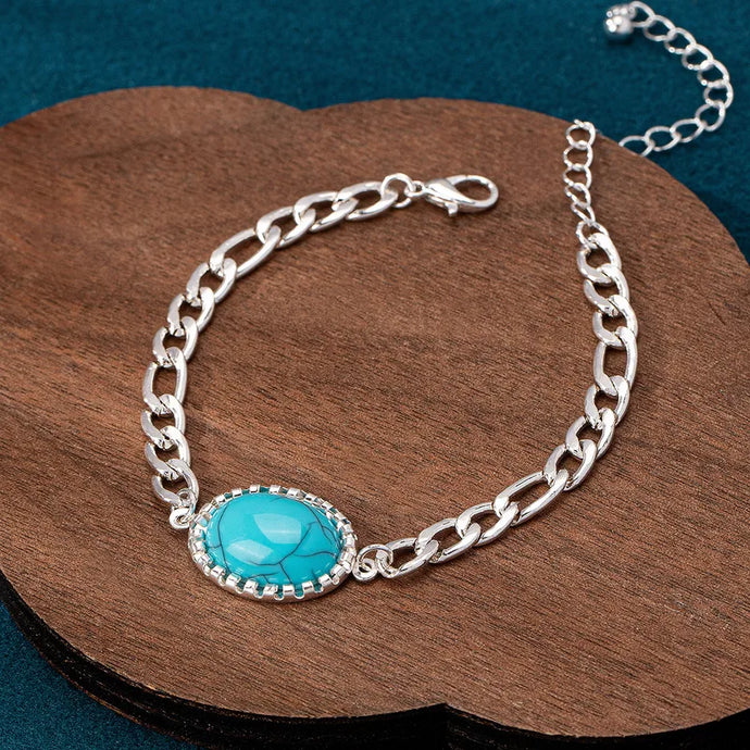 NIHBC14 - Oval Turquoise Cuban Link Chain Bracelet