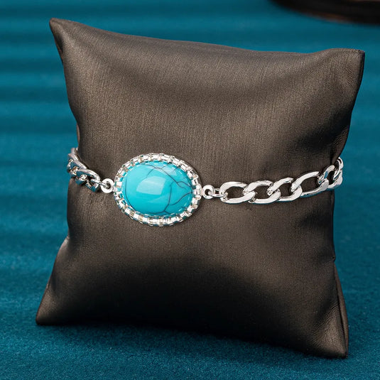 NIHBC14 - Oval Turquoise Cuban Link Chain Bracelet