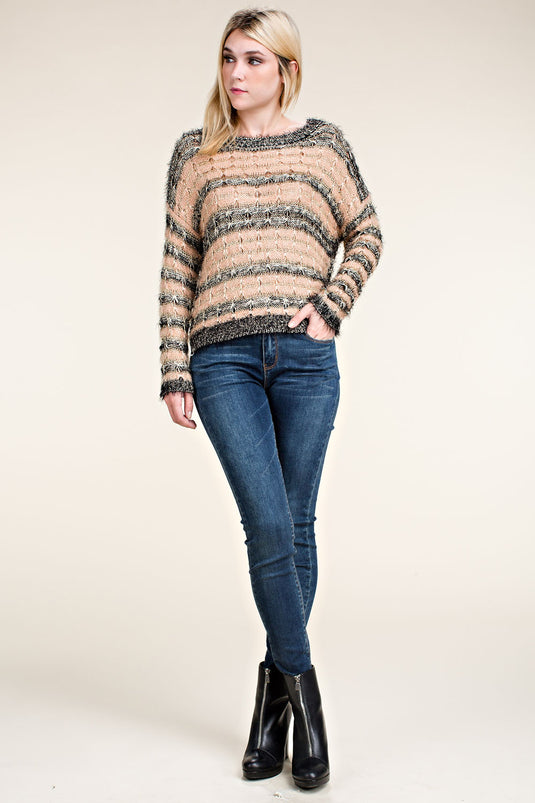IM0223L - MULTI COLOR STRIPED LONG SLEEVE SWEATER KNIT TOP