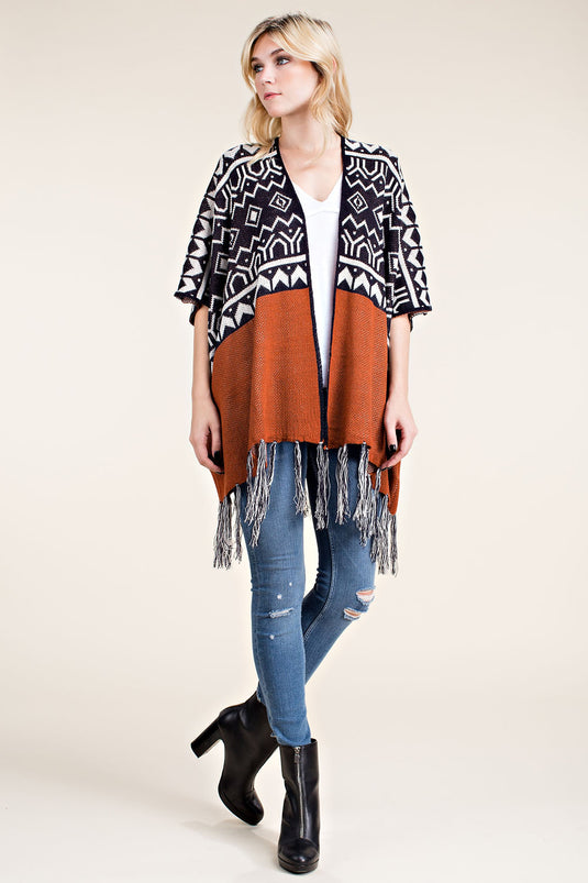 IM0526C RUST - Sweater Cardigan with Fringe