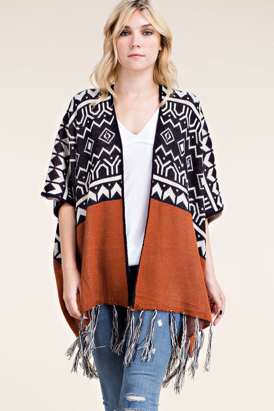 IM0526C RUST - Sweater Cardigan with Fringe