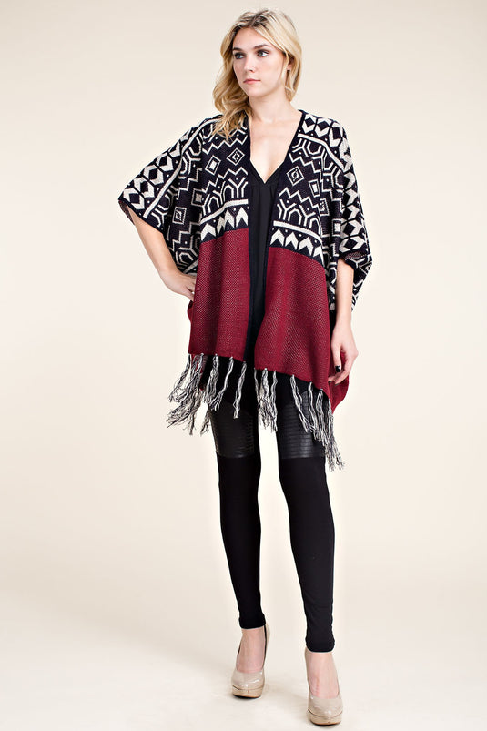 IM0526C BURGUNDY - Sweater Cardigan with Fringe