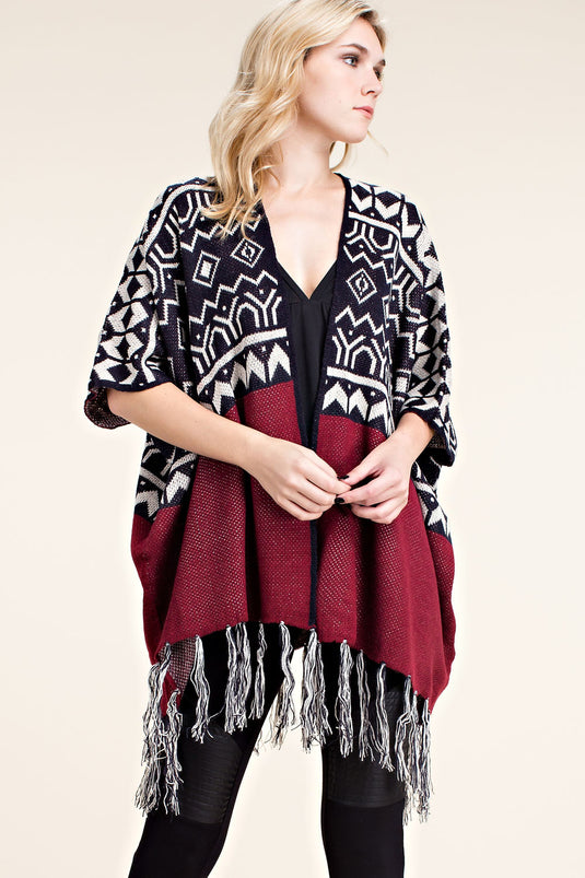 IM0526C BURGUNDY - Sweater Cardigan with Fringe