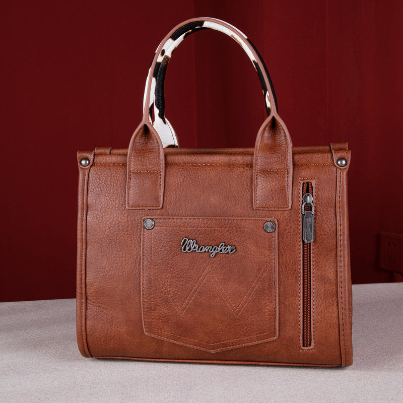 Load image into Gallery viewer, WG102-8120SBR -  Wrangler Cow Print Concealed Carry Tote/Crossbody - Brown

