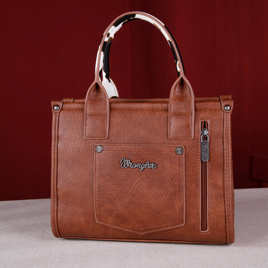 WG102-8120SBR -  Wrangler Cow Print Concealed Carry Tote/Crossbody - Brown