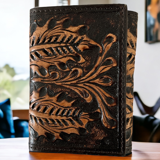 IWR-2T - Ranger Belt Co. Leaf Tooled Tri-Fold Wallet