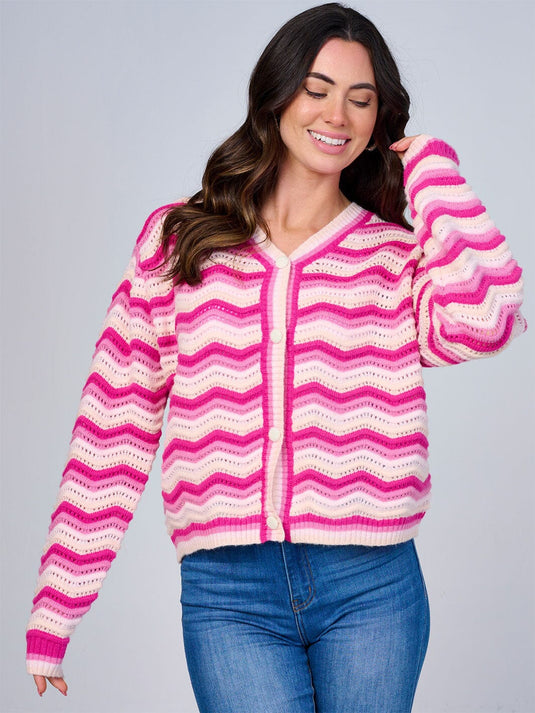 WFT 34 - WOMEN'S LONG SLEEVE BUTTON CLOSURE COLORBLOCK STRIPES KNIT SWEATER