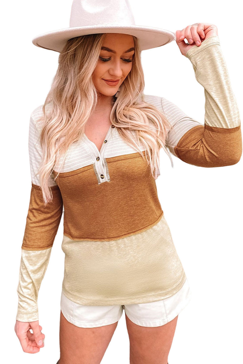 Load image into Gallery viewer, DLLS59 - Orange Striped Color Block Henley Top
