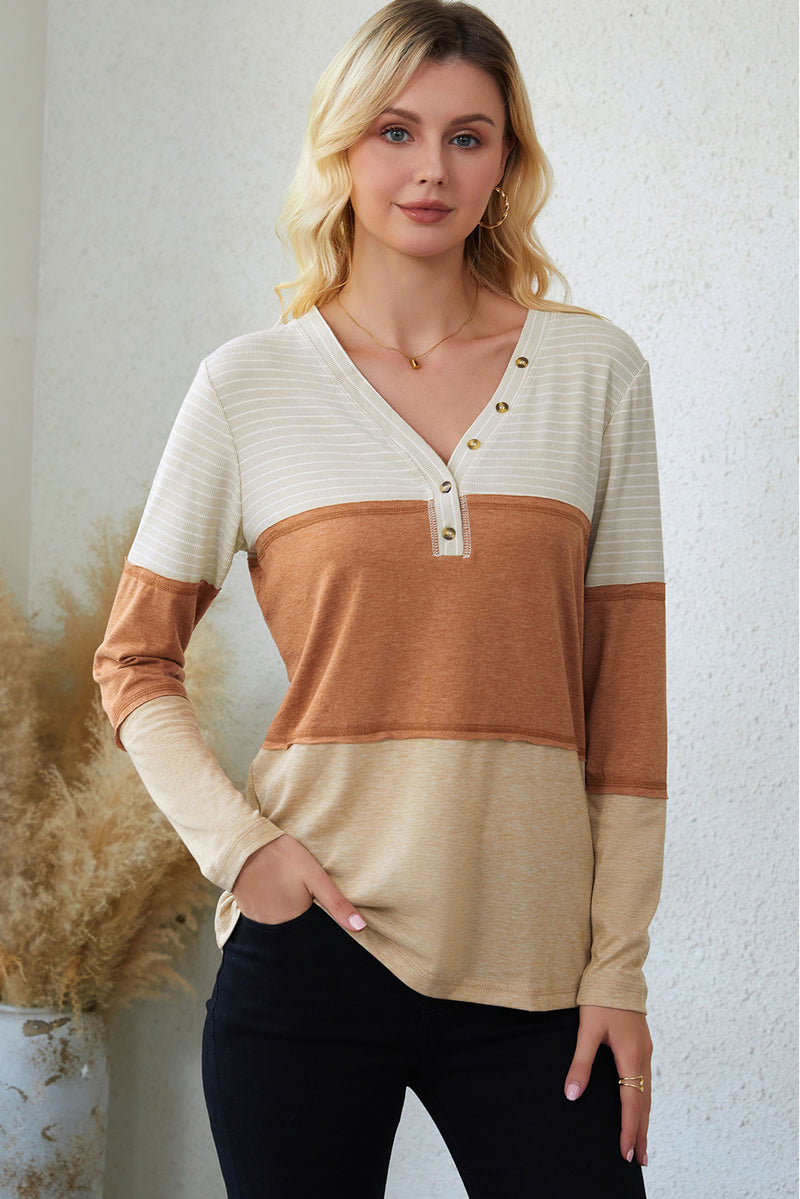 Load image into Gallery viewer, DLLS59 - Orange Striped Color Block Henley Top
