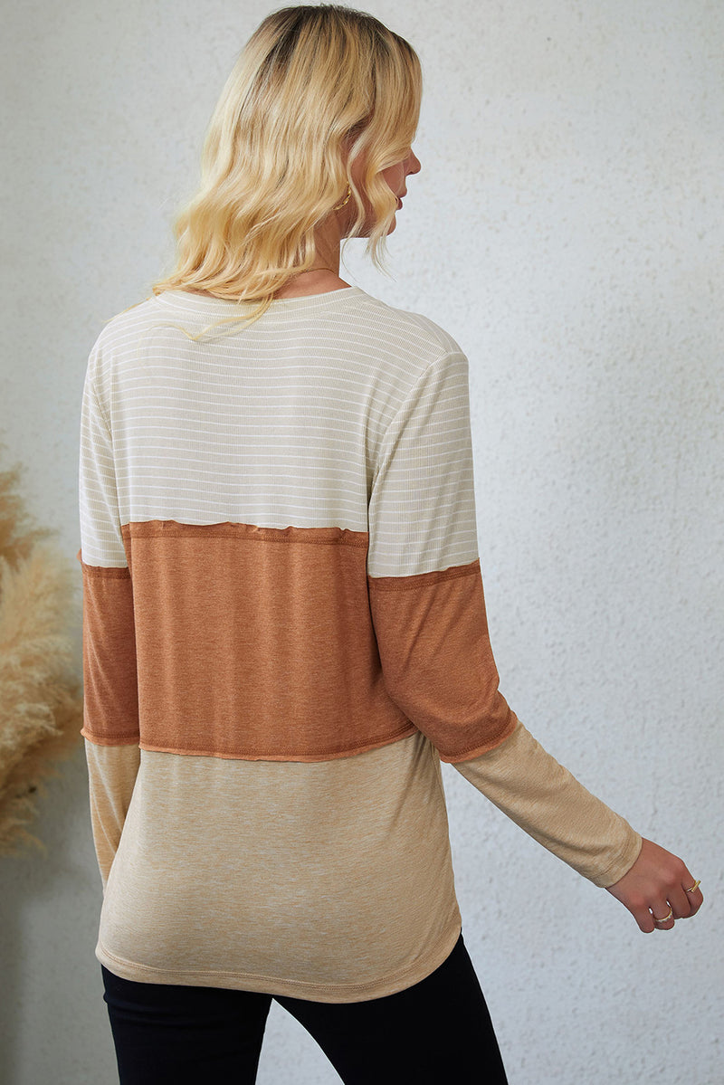 Load image into Gallery viewer, DLLS59 - Orange Striped Color Block Henley Top
