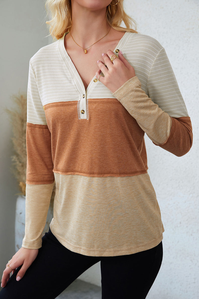 Load image into Gallery viewer, DLLS59 - Orange Striped Color Block Henley Top
