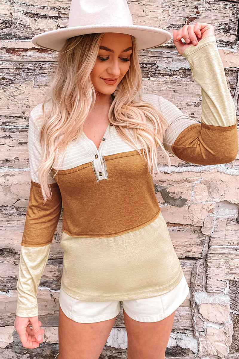 Load image into Gallery viewer, DLLS59 - Orange Striped Color Block Henley Top
