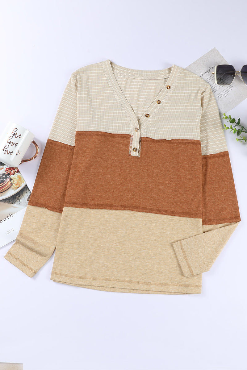 Load image into Gallery viewer, DLLS59 - Orange Striped Color Block Henley Top
