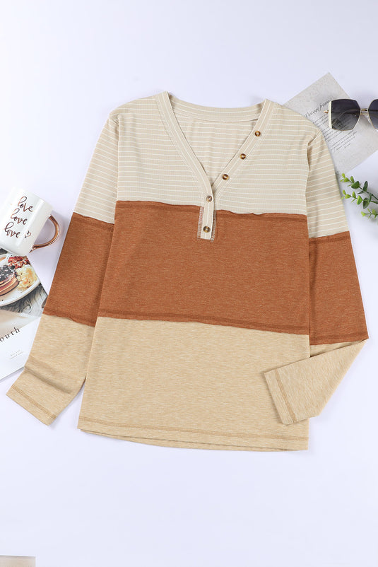 DLLS59 - Orange Striped Color Block Henley Top