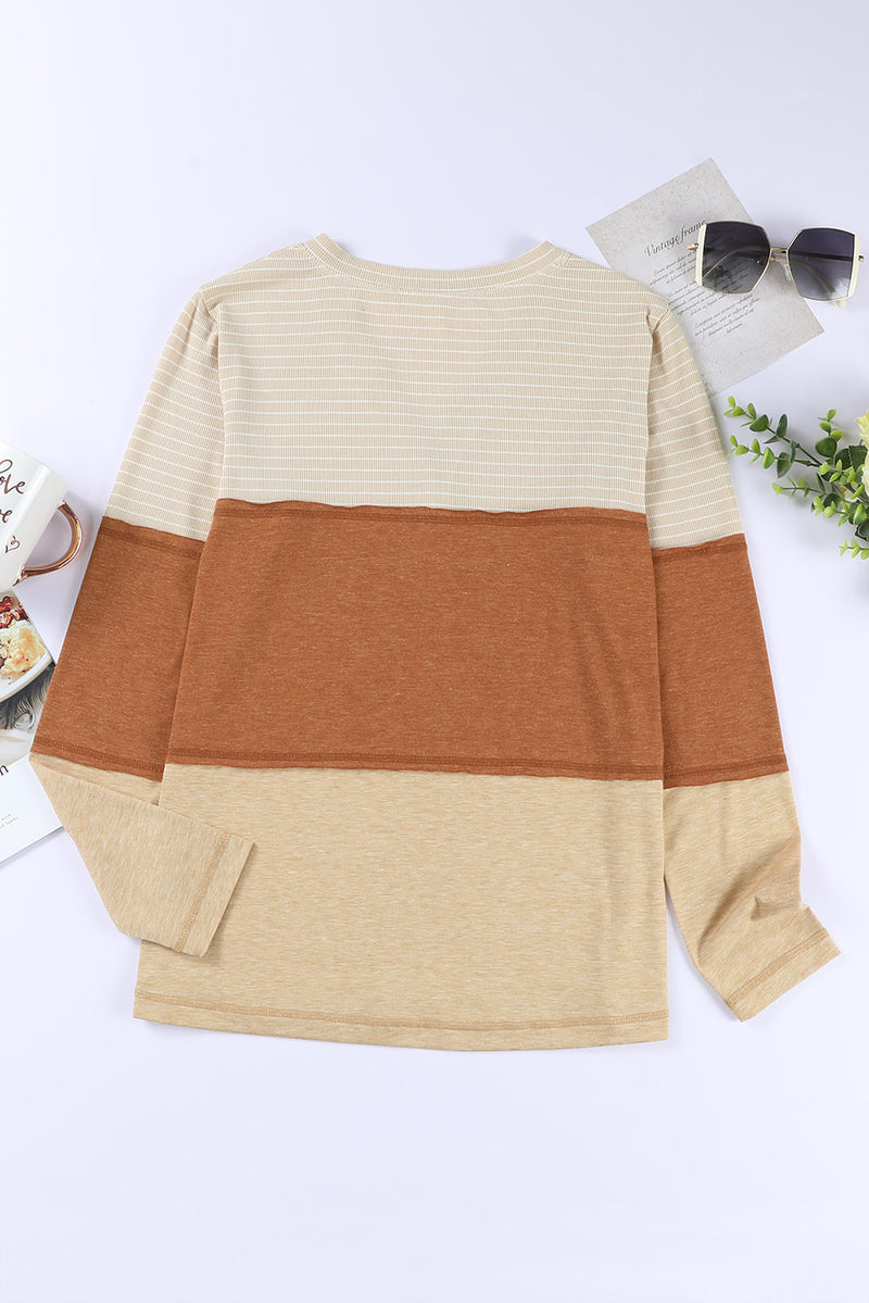 Load image into Gallery viewer, DLLS59 - Orange Striped Color Block Henley Top
