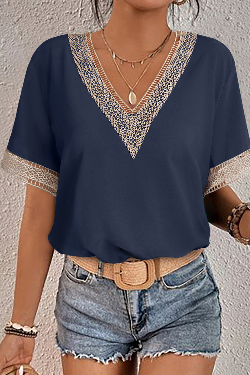 Load image into Gallery viewer, DLLS23 - Blue Lace Trim V Neck Short Sleeve Blouse
