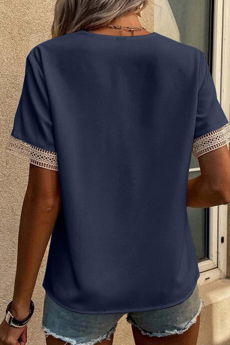 Load image into Gallery viewer, DLLS23 - Blue Lace Trim V Neck Short Sleeve Blouse
