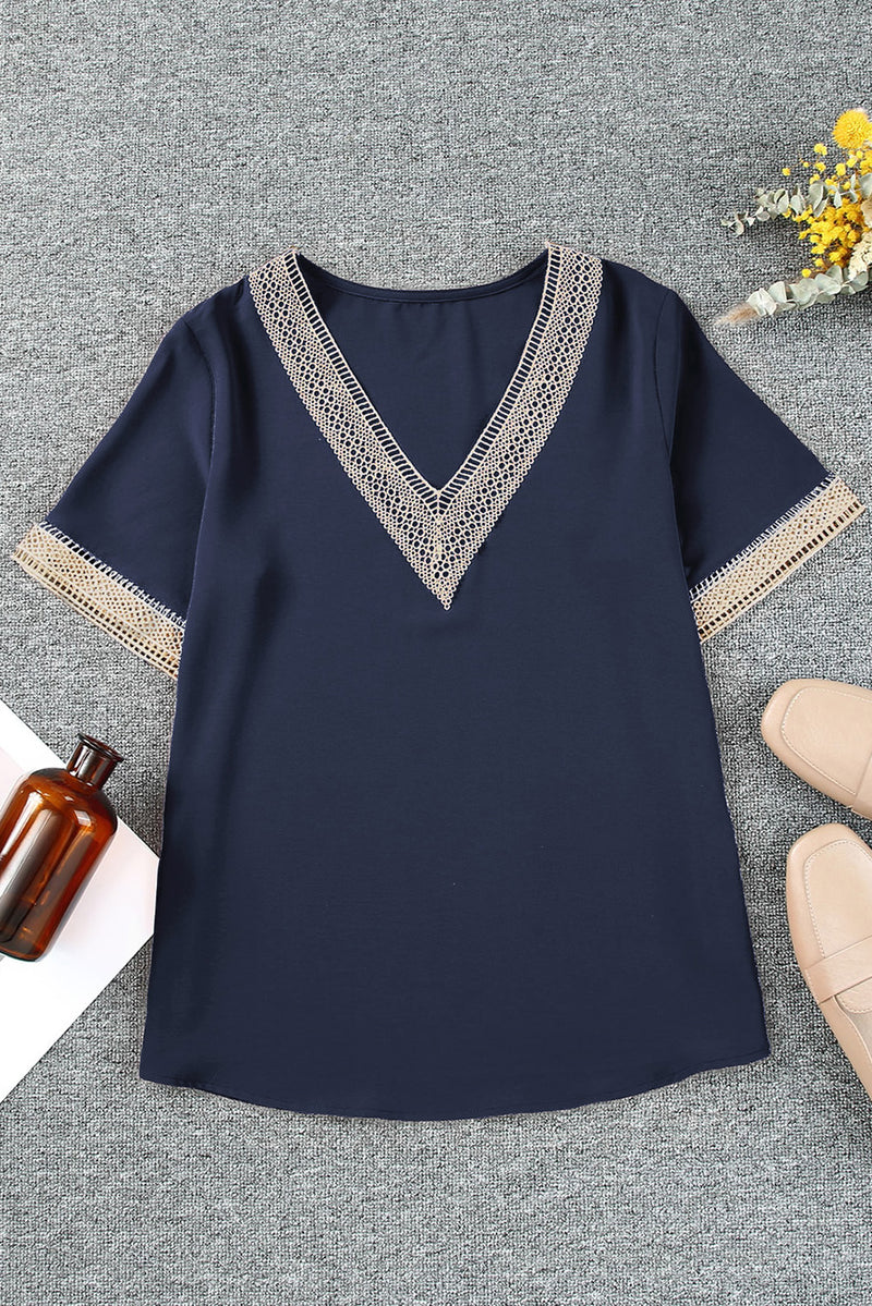 Load image into Gallery viewer, DLLS23 - Blue Lace Trim V Neck Short Sleeve Blouse
