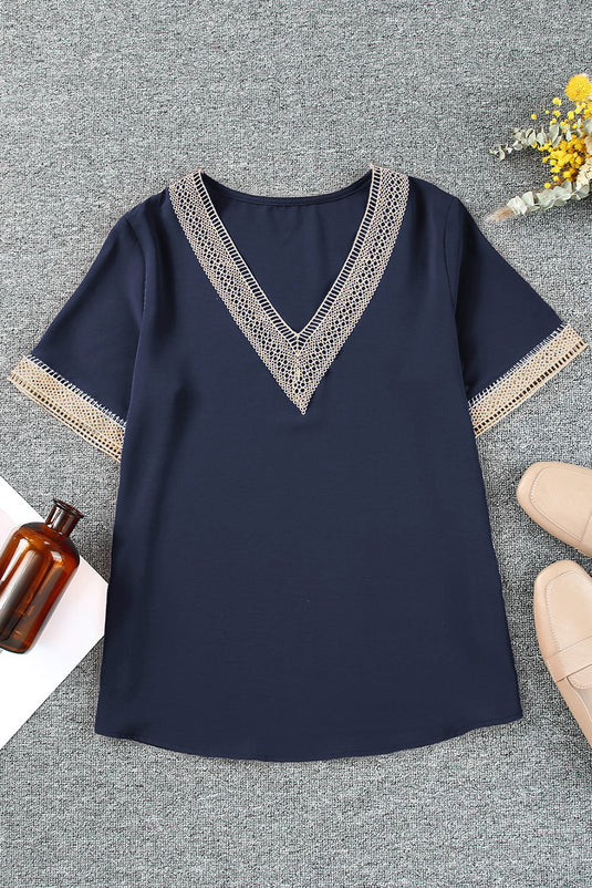 DLLS23 - Blue Lace Trim V Neck Short Sleeve Blouse