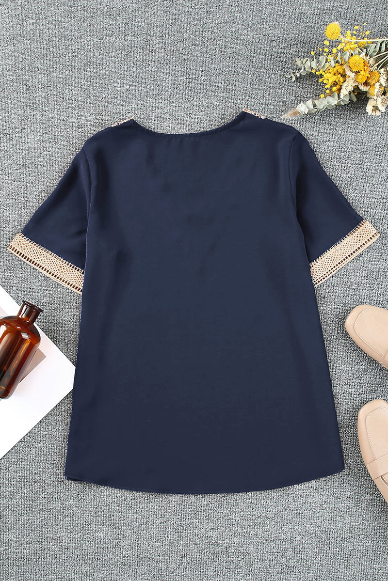 Load image into Gallery viewer, DLLS23 - Blue Lace Trim V Neck Short Sleeve Blouse
