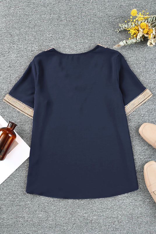 DLLS23 - Blue Lace Trim V Neck Short Sleeve Blouse