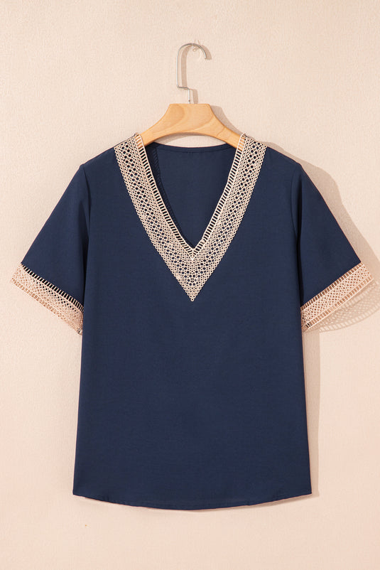 DLLS23 - Blue Lace Trim V Neck Short Sleeve Blouse