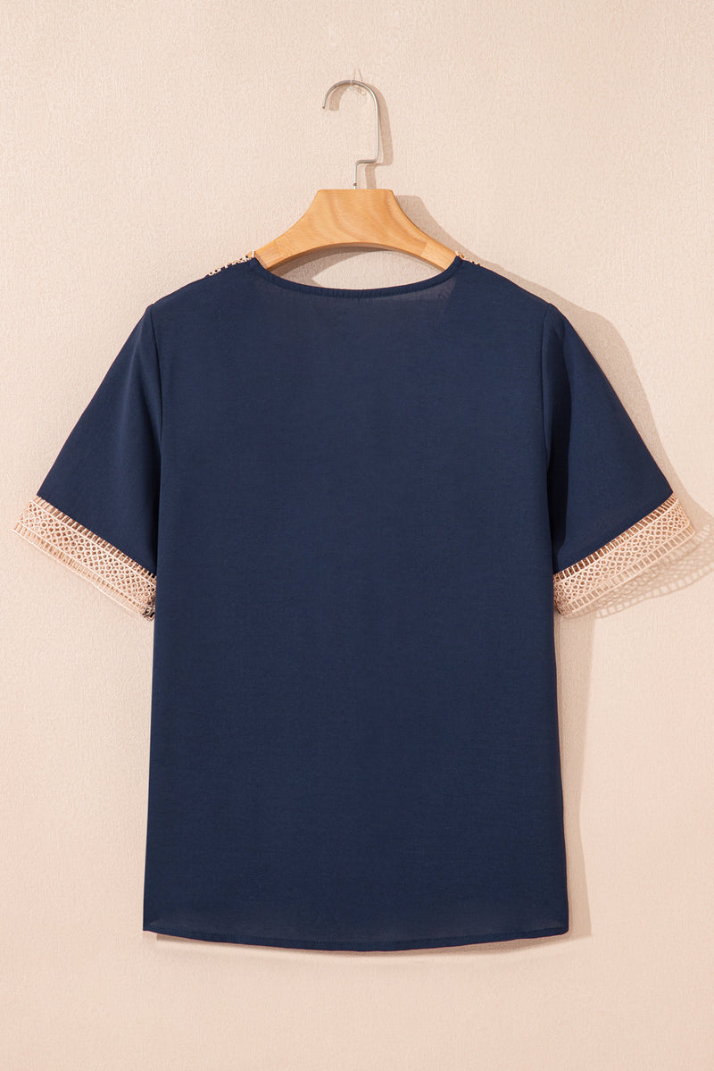 Load image into Gallery viewer, DLLS23 - Blue Lace Trim V Neck Short Sleeve Blouse
