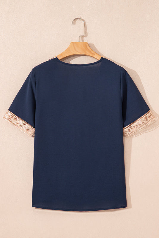 DLLS23 - Blue Lace Trim V Neck Short Sleeve Blouse