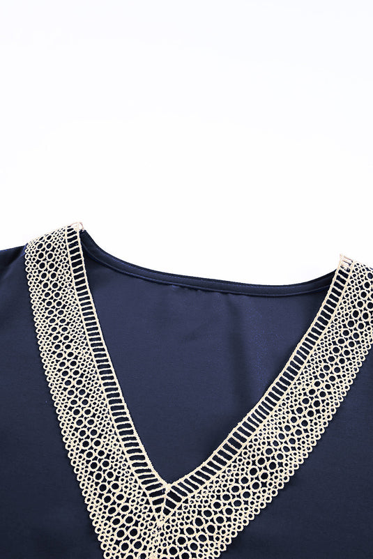 DLLS23 - Blue Lace Trim V Neck Short Sleeve Blouse