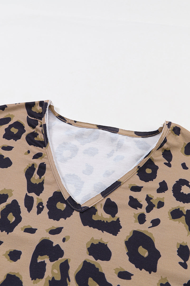 Load image into Gallery viewer, DLLS61 - Brown Leopard Split Joint V Neck Long Sleeve Tops
