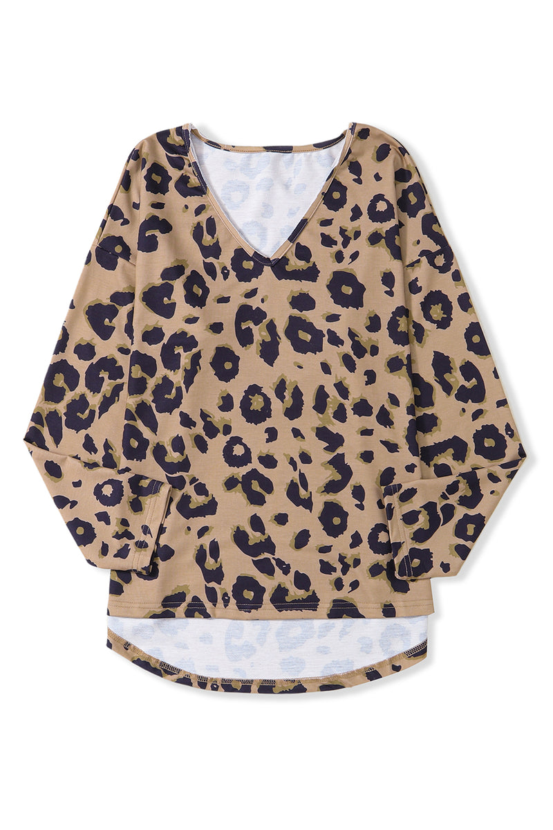 Load image into Gallery viewer, DLLS61 - Brown Leopard Split Joint V Neck Long Sleeve Tops
